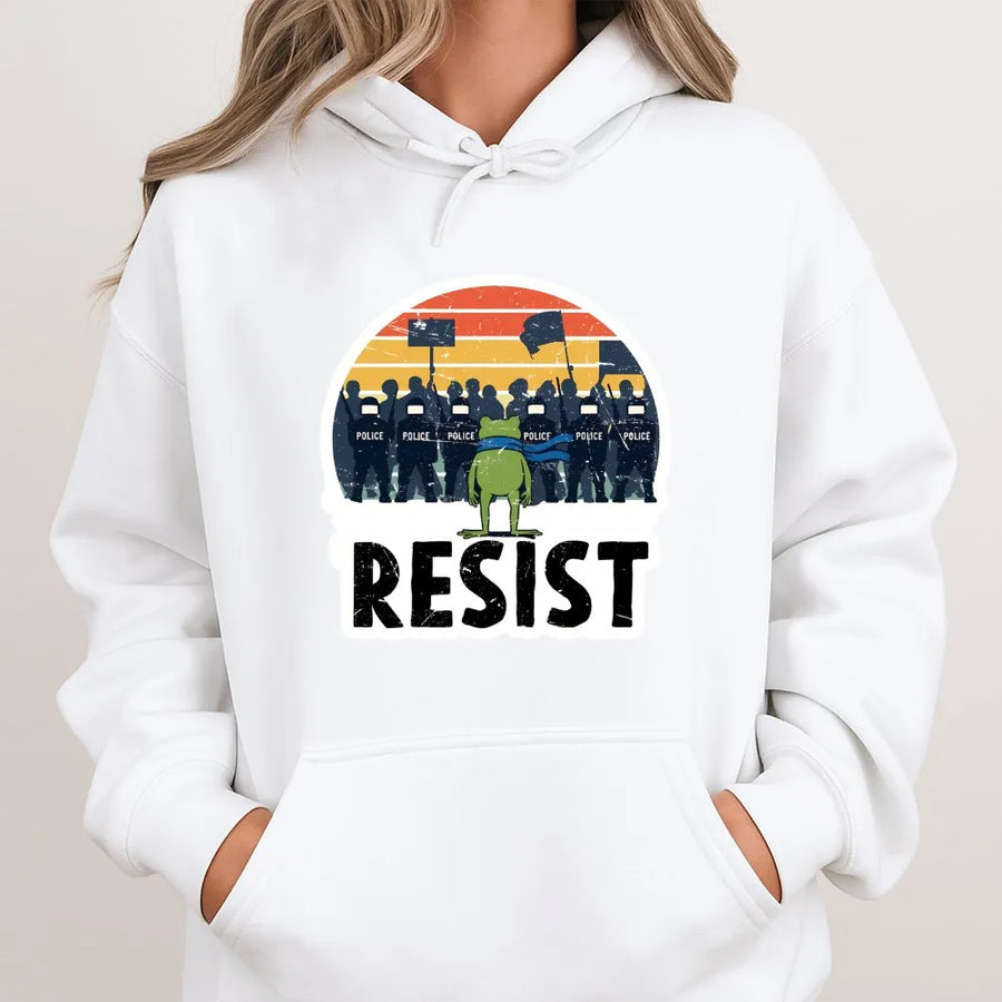 Resist Frog Hoodie | Retro Activism Graphic | Premium Cotton Blend | Unisex Statement Sweatshirt Gift for Social Justice Activists