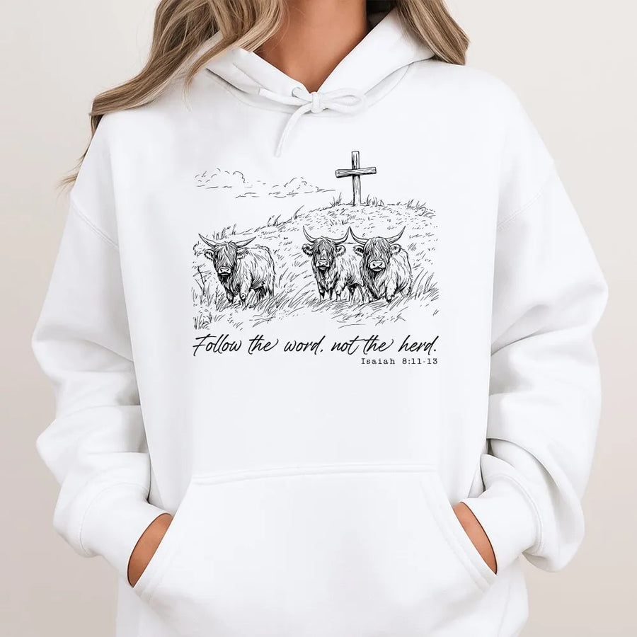 Christian Hoodie | Follow The Word Not The Herd Isaiah 8:13 | Highland Cow Graphic Pullover | Premium Western Faith Based Gift for Men Women