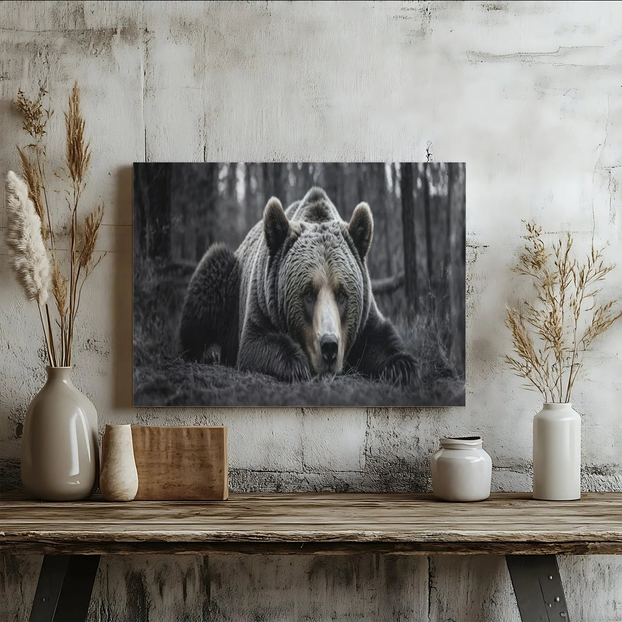 Grizzly Bear Canvas Wall Art | Monochrome Wildlife Photography | Premium Gallery Wrapped Canvas | Rustic Cabin Decor Gift for Nature Lovers