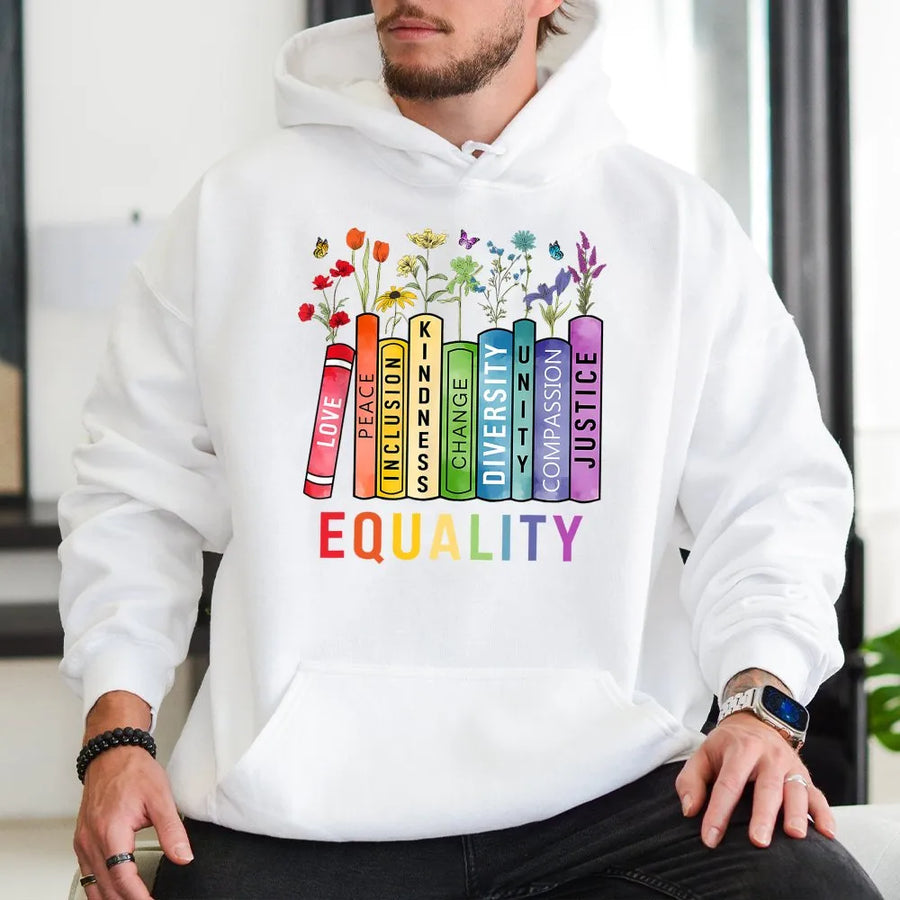Equality Hoodie | Rainbow Books Floral Design | Soft Cotton Blend | Social Justice Gift for Activist and Ally
