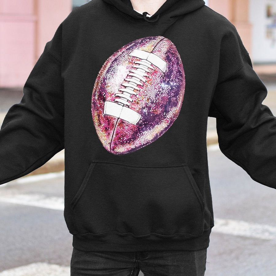 Galaxy Football Hoodie | Pink Glitter Sparkle Sports Graphic | Premium Cotton Blend | Game Day Gift for Football Fans & Moms