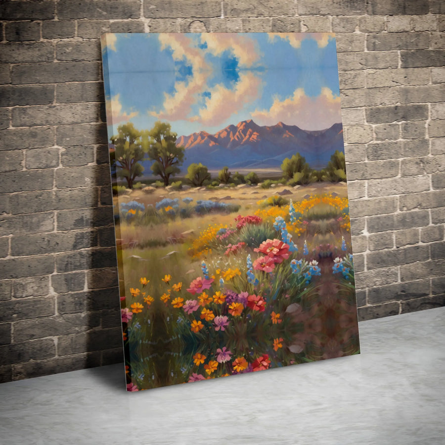 Desert Wildflower Canvas Art | Vibrant Mountain Landscape Painting | Premium Gallery Quality Print | Southwestern Home Decor Gift