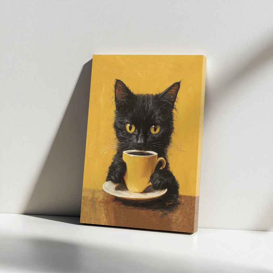 Black Cat Coffee Canvas Print | Whimsical Yellow Eyed Kitten Painting | 1.25 Inch Gallery Wrap Wall Art | Premium Kitchen Coffee Bar Gift