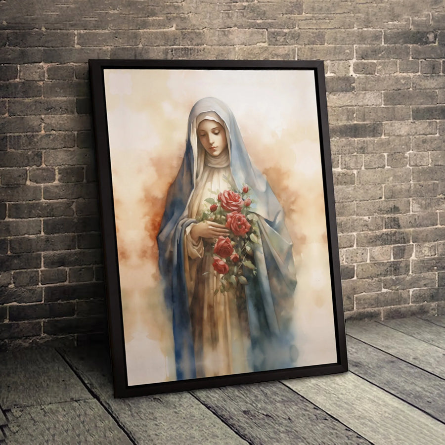 Virgin Mary Canvas Print | Watercolor Religious Wall Art with Red Roses | Gallery-Quality 1.25 Inch Thick Profile | Spiritual Home Decor Gift