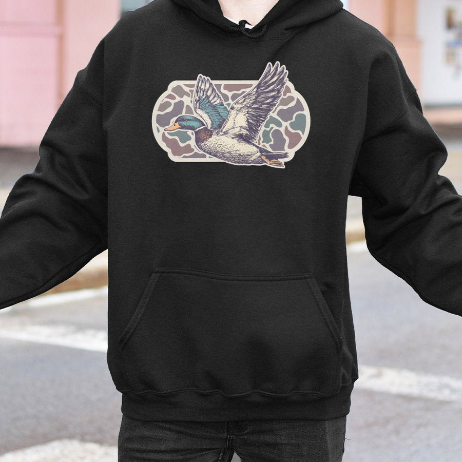 Flying Mallard Duck Hoodie | Retro Camo Wildlife Graphic | Premium Cotton Blend | Nature Lover Gift for Hunters & Outdoorsmen