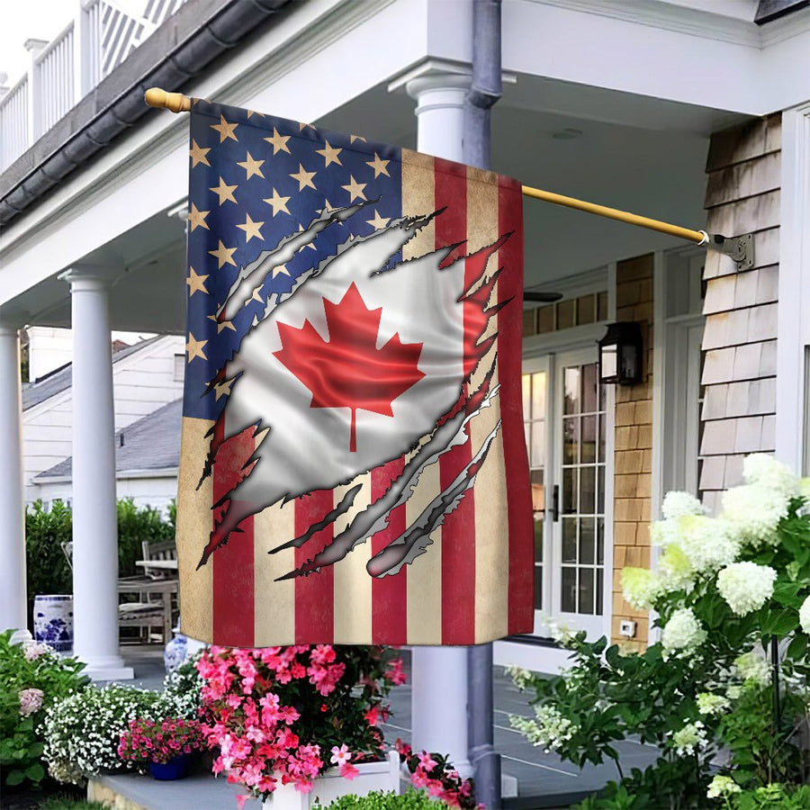 USA Canada Flag House Banner | Torn Reveal Patriotic Design | Premium Weather-Resistant Polyester | Outdoor Garden Decor Gift for Dual Citizen