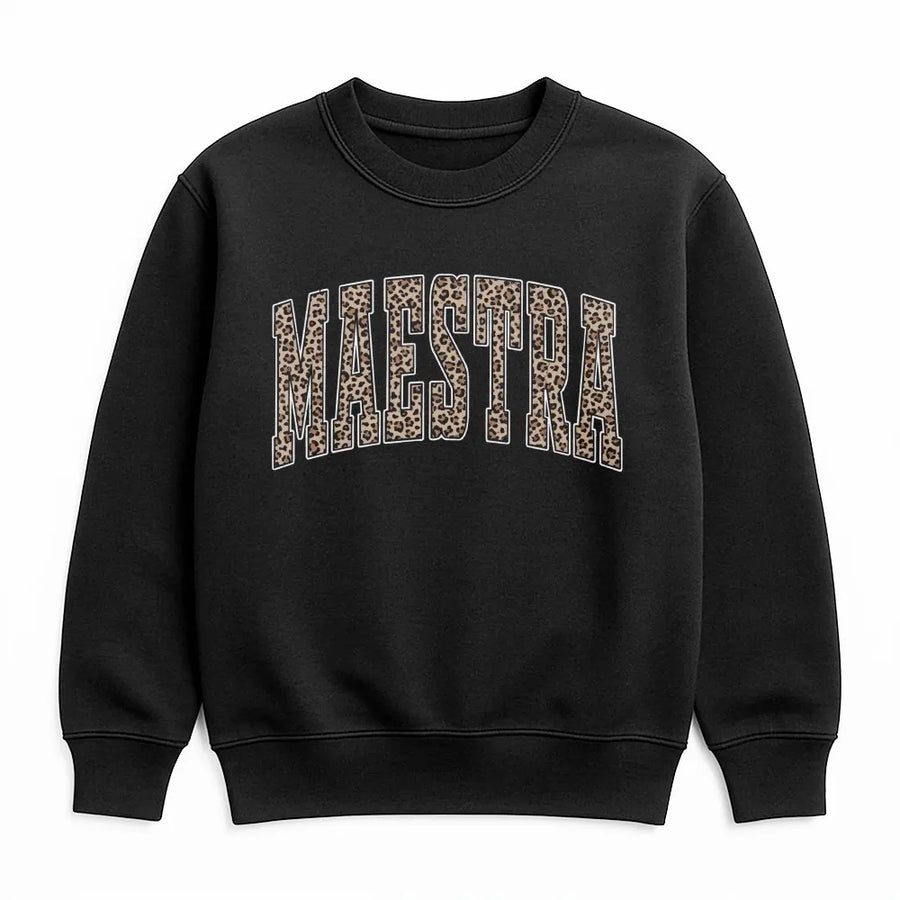 Maestra Sweatshirt | Leopard Print Varsity Lettering | Premium Cotton Blend | Bilingual Spanish Teacher Gift Idea