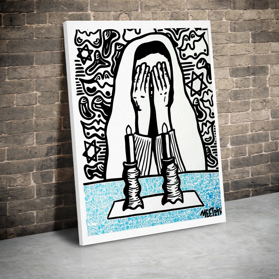 Shabbat Candles Canvas Art | Jewish Woman Lighting Ritual Candles Graffiti Style | Premium Gallery Wrap Wall Decor | Meaningful Judaica Home Gift