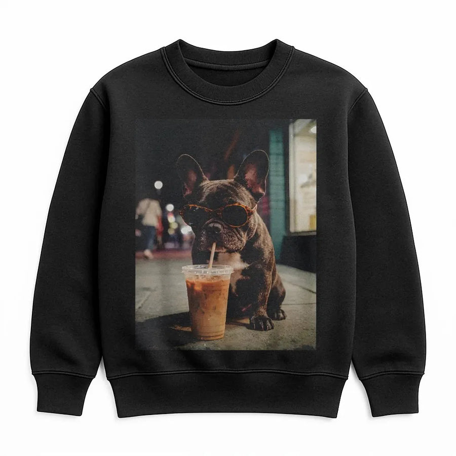 French Bulldog Sweatshirt | Funny Dog with Iced Coffee Graphic | Premium Cotton Blend Sweatshirt | Gift for Frenchie Mom & Coffee Lover