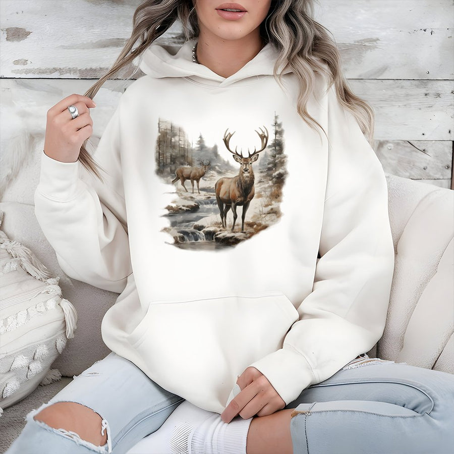 Deer Wilderness Hoodie | Watercolor Nature Forest Scene | Premium Cotton Blend | Nature Lover Gift Wildlife Graphic Sweatshirt