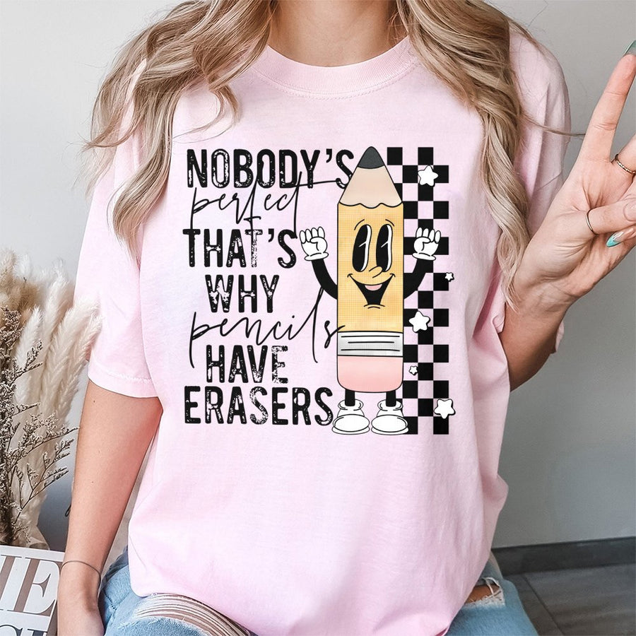 Nobody's Perfect Pencil T-Shirt | Retro Checkered Teacher Graphic | 100% Cotton Premium Tee | Back To School Gift For Teacher & Students