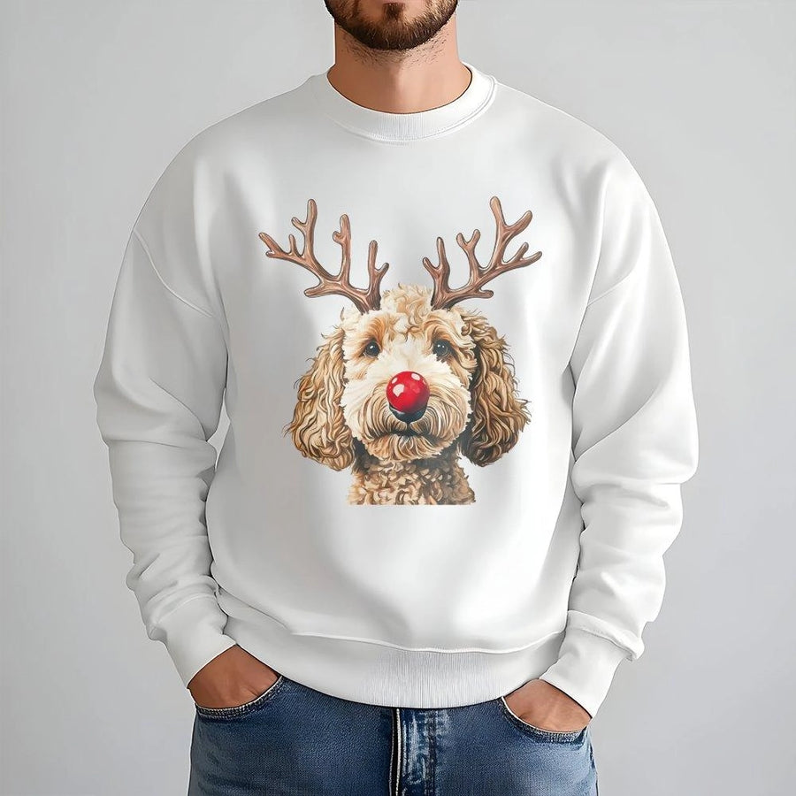 Goldendoodle Christmas Sweatshirt | Reindeer Antlers Red Nose Graphic | Premium Cotton Blend | Funny Holiday Gift for Dog Lovers