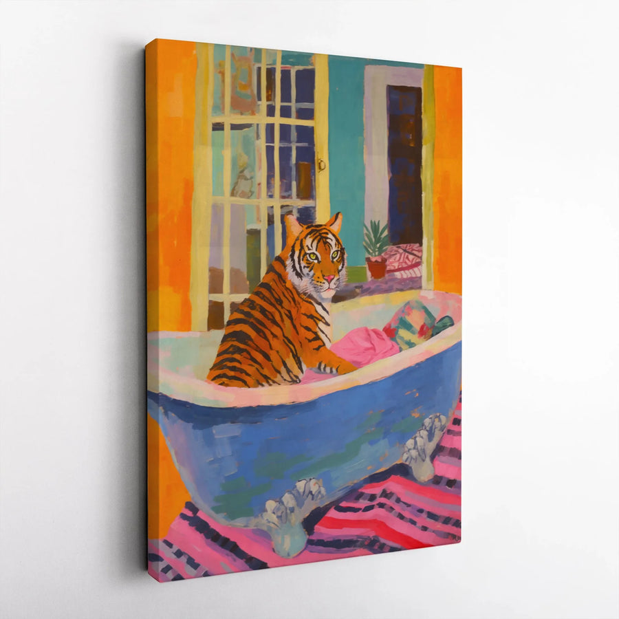 Tiger in Bathtub Canvas Art | Whimsical Animal Oil Painting Style | Premium Fade-Resistant Print | Fun Maximalist Home Decor Wall Gift