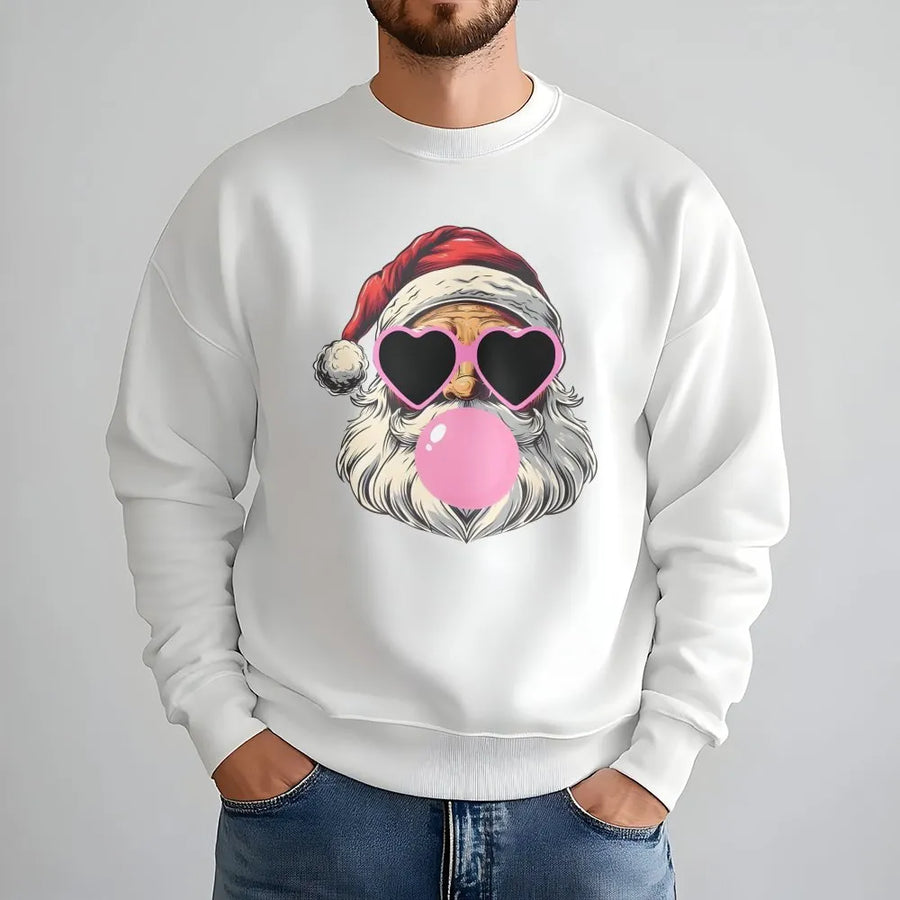 Cool Santa Sweatshirt | Heart Sunglasses Bubble Gum Graphic | Premium Soft Blend Crewneck | Trendy Christmas Holiday Gift for Women and Men