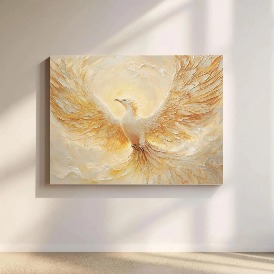 Rising Phoenix Canvas Wall Art | Golden Impasto Texture Print | Premium Gallery Wrapped Decor | Mythical Bird Spiritual Home Gift