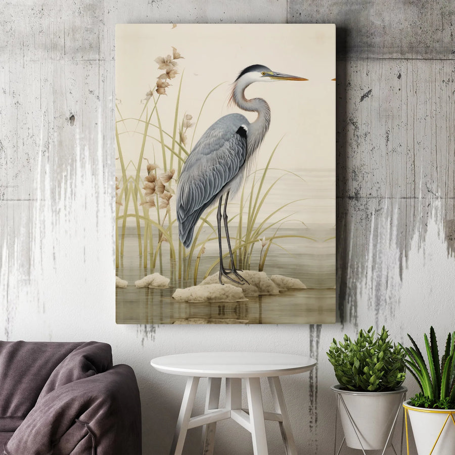 Great Blue Heron Canvas Art | Vintage Marsh Bird Illustration | Premium Gallery Wrapped Print | Nature Lover Home Decor Gift