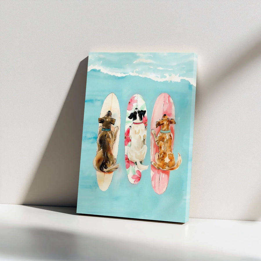 Surfing Dogs Canvas Wall Art | Watercolor Painting of Pups on Surfboards | Premium Thick Gallery Wrap | Gift for Dog Lover & Coastal Home Decor