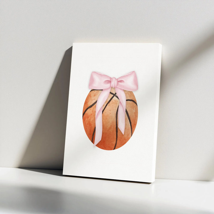 Basketball Wall Art | Watercolor Ball With Pink Bow | Premium Gallery Wrapped Canvas | Sporty Nursery Decor For Girls