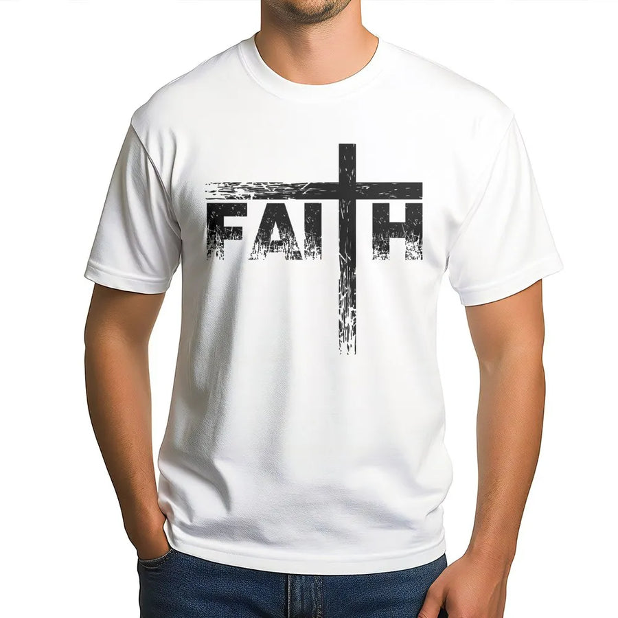 Faith Cross T-Shirt | Distressed Typography Christian Graphic Tee | Premium 100% Cotton | Religious Gift for Men and Women