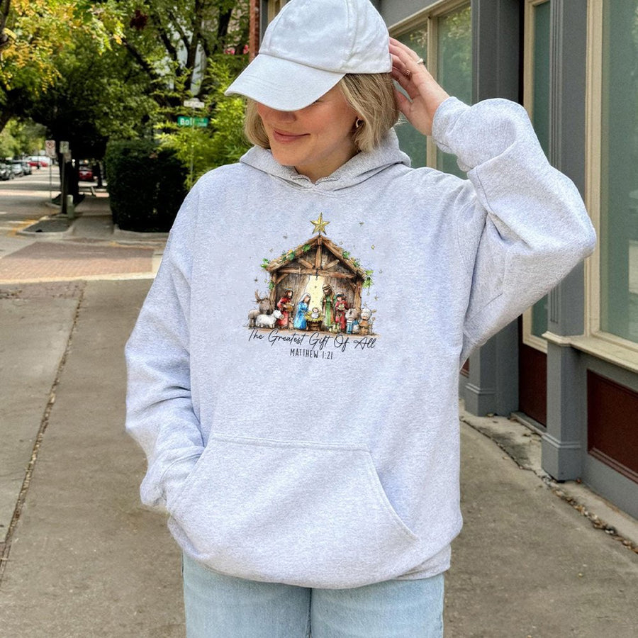 Nativity Scene Hoodie | The Greatest Gift Of All Christian Christmas Sweatshirt | Premium Cotton Blend | Religious Holiday Apparel Gift