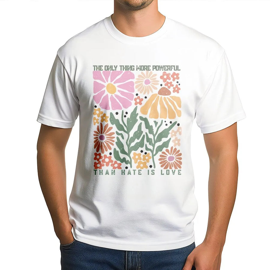 Retro Floral T-Shirt | Kindness Quote Love Over Hate Graphic | Cozy Cotton Blend Pullover | Hippie Aesthetic Gift for Women