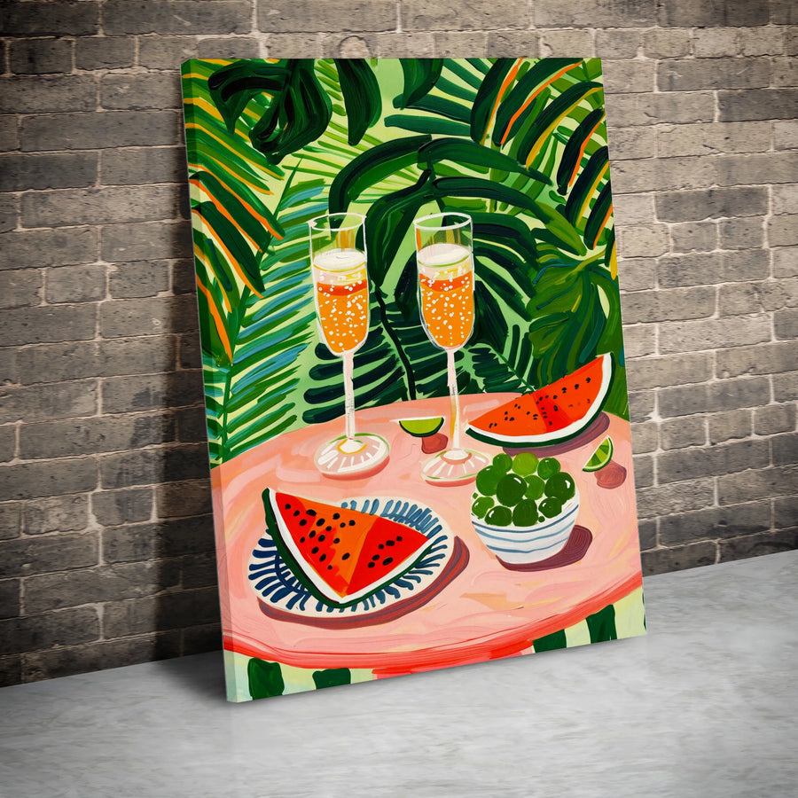 Tropical Brunch Vertical Canvas | Vibrant Watermelon & Champagne Painting | Premium Gallery-Style Wall Art | Modern Kitchen & Dining Room Decor Gift