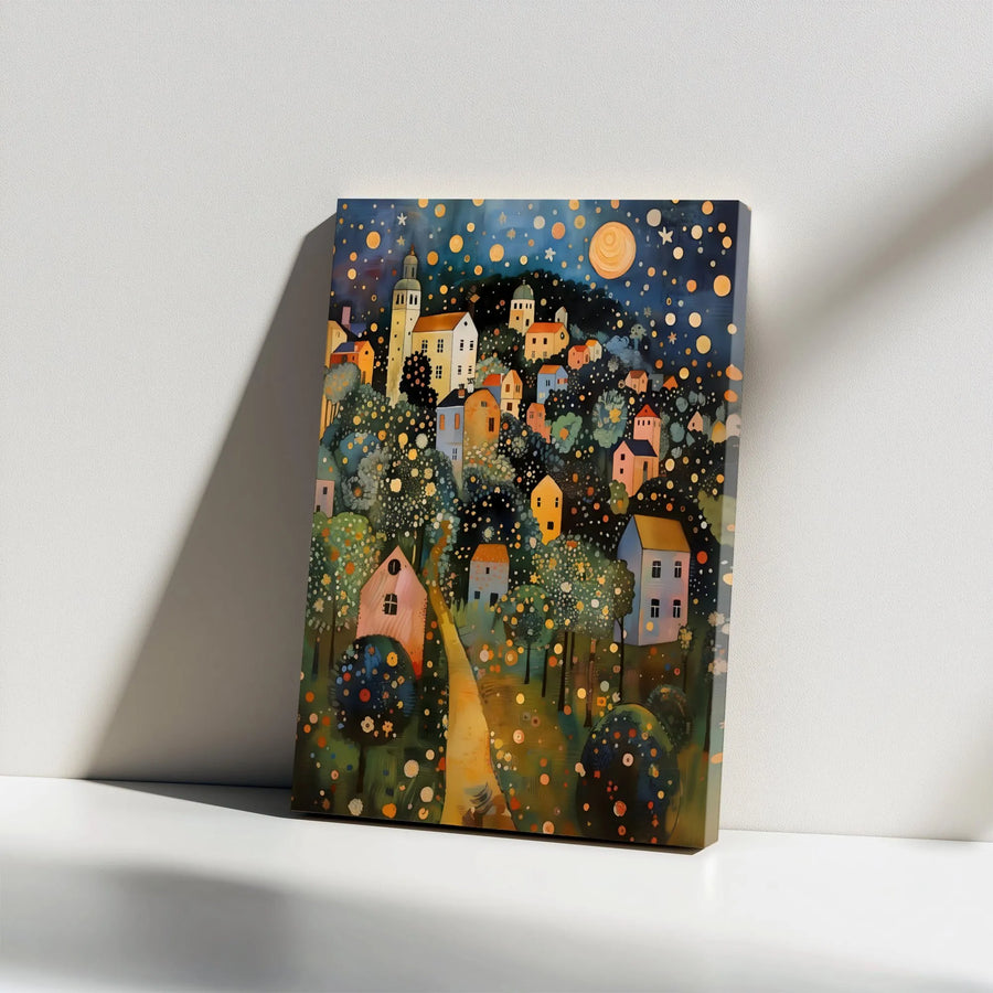 Whimsical Village Canvas Art | Starry Night Folk Art Print | 1.25-Inch Gallery Wrap | Magical Landscape Wall Decor Gift for Home