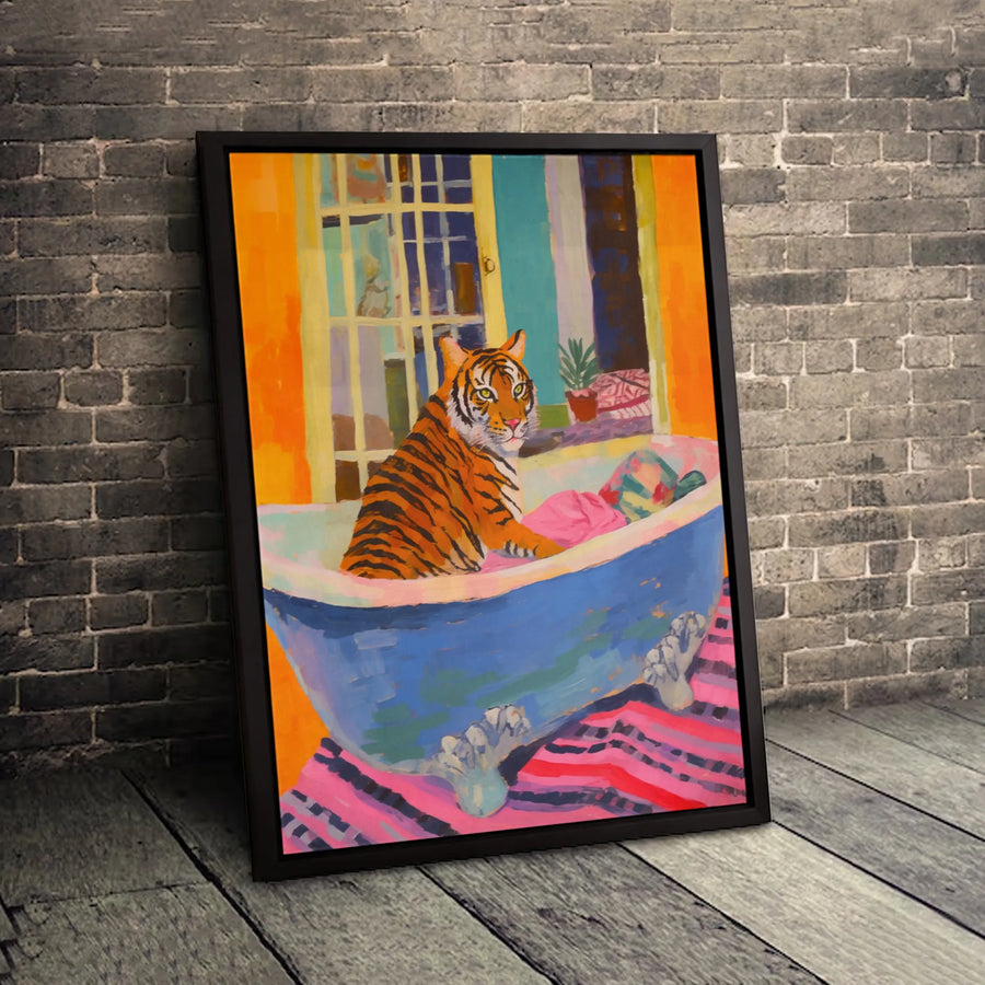 Tiger In A Bathtub Canvas Wall Art | Colorful Maximalist Animal Print | Premium 1.25" Gallery Wrap | Whimsical Bathroom Decor For Home