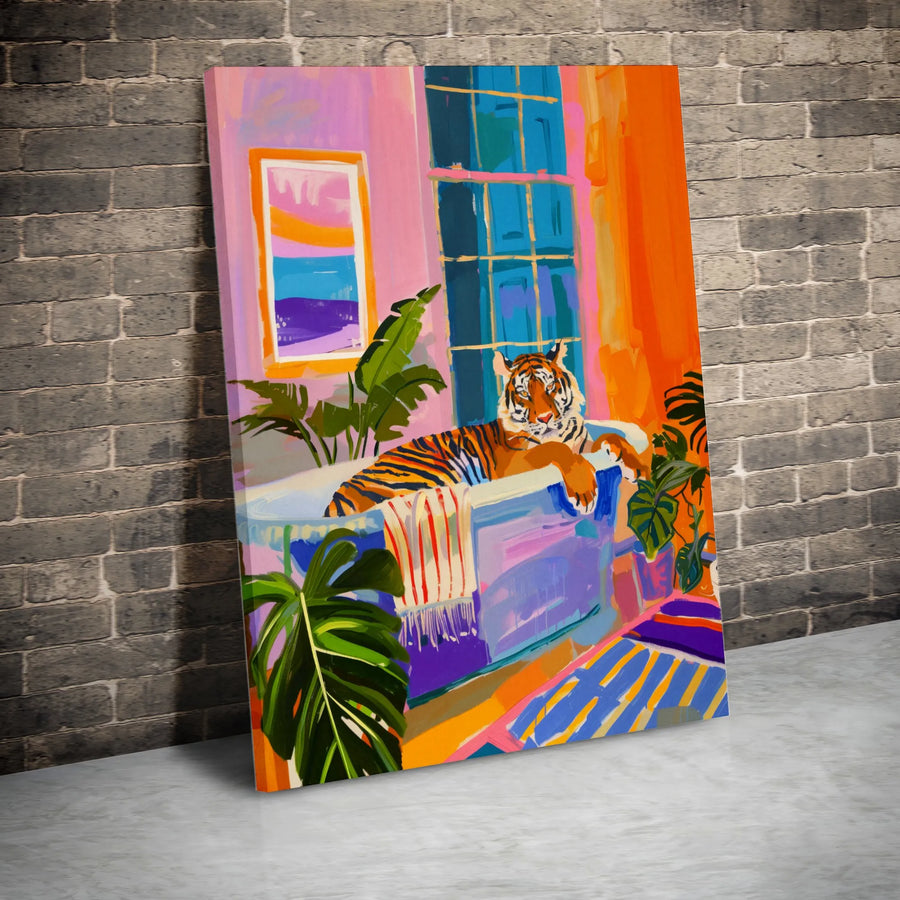 Tiger In Bathtub Wall Art | Tropical Jungle Bathroom Decor | 1.25" Gallery Wrapped Canvas | Vibrant Maximalist Home Gift