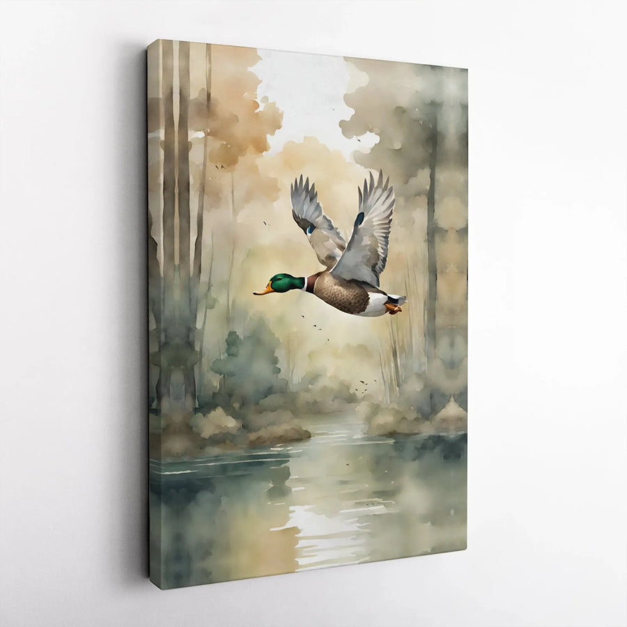 Mallard Duck Canvas Wall Art | Watercolor Misty Forest Landscape Print | Premium 1.25-Inch Gallery Wrap | Rustic Nature Home Decor Gift