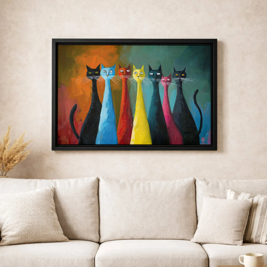 Colorful Cat Art Canvas | Seven Whimsical Modern Cats Painting | Gallery Quality Fade-Resistant Wall Decor | Unique Gift For Cat Lovers