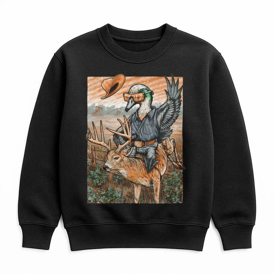 Buckin Duck Graphic Sweatshirt | Funny Cowboy Mallard Riding Deer Design | Premium Cotton Blend | Gift for Hunter and Outdoorsman