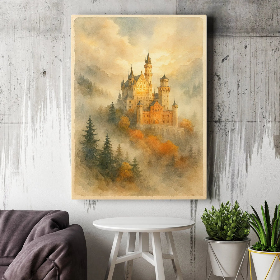 Neuschwanstein Castle Canvas Wall Art | Watercolor Autumn Forest Landscape | Premium 1.25 Inch Gallery Wrap | Fairytale Home Decor Gift
