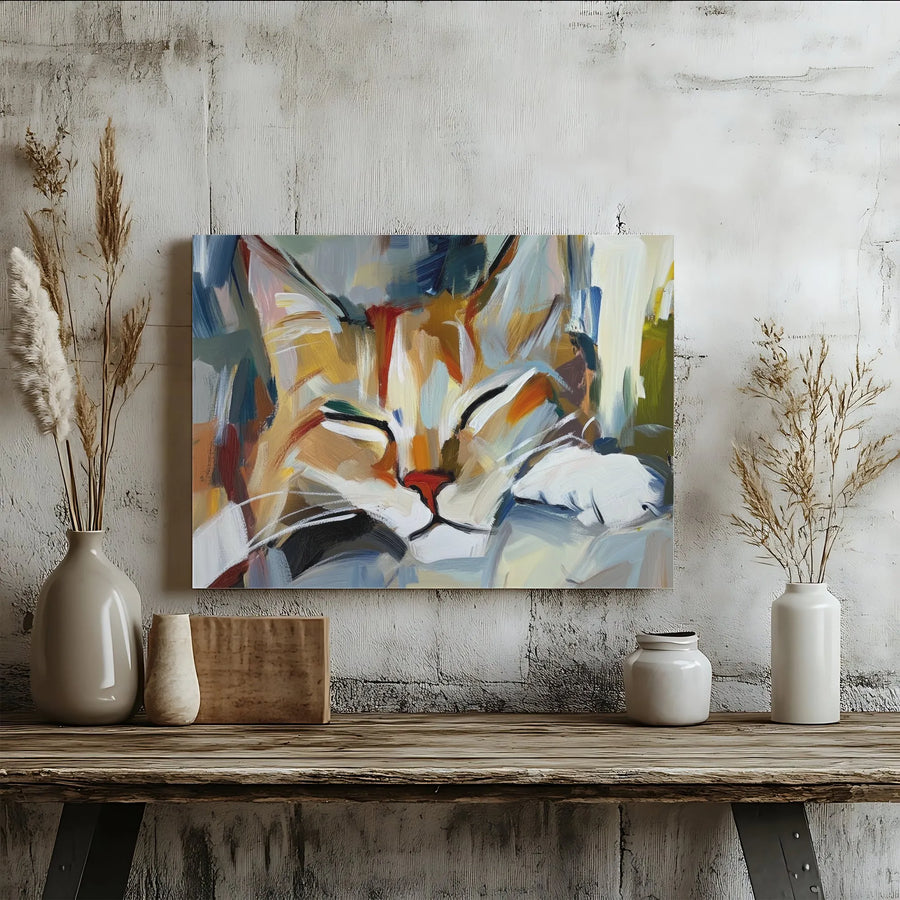 Abstract Sleeping Cat Canvas Wall Art | Colorful Expressionist Pet Portrait | 1.25 Inch Gallery Wrap | Modern Home Decor Gift