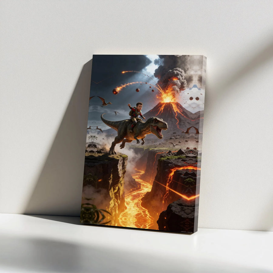 Dinosaur Adventure Canvas Wall Art | Epic Volcano Eruption & T-Rex Rider | Premium Fade-Resistant Print | Gift for Boys Room Decor