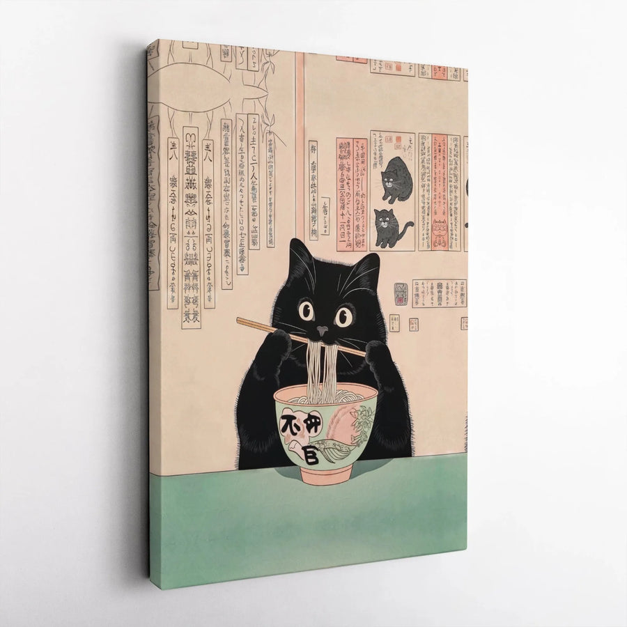 Japanese Black Cat Ramen Canvas Art | Ukiyo-E Style Noodle Bowl Print | Premium Gallery-Wrapped Canvas | Quirky Kitchen & Home Decor Gift