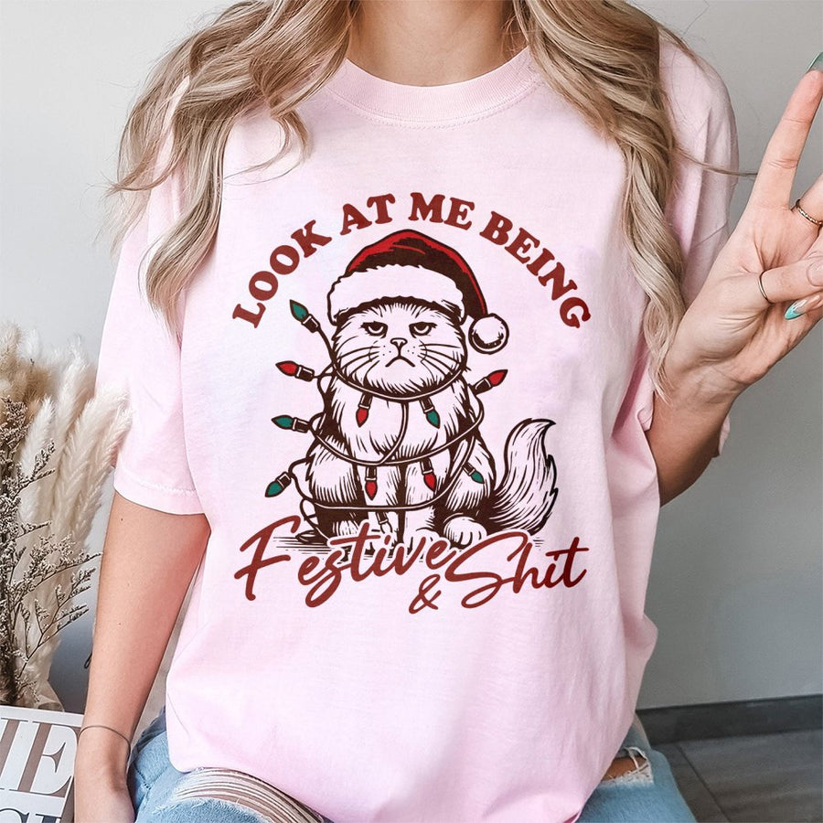 Funny Cat Christmas T-Shirt | Grumpy Santa Kitten Holiday Lights | Premium 100% Cotton Apparel | Sarcastic Humor Gift for Cat Lovers