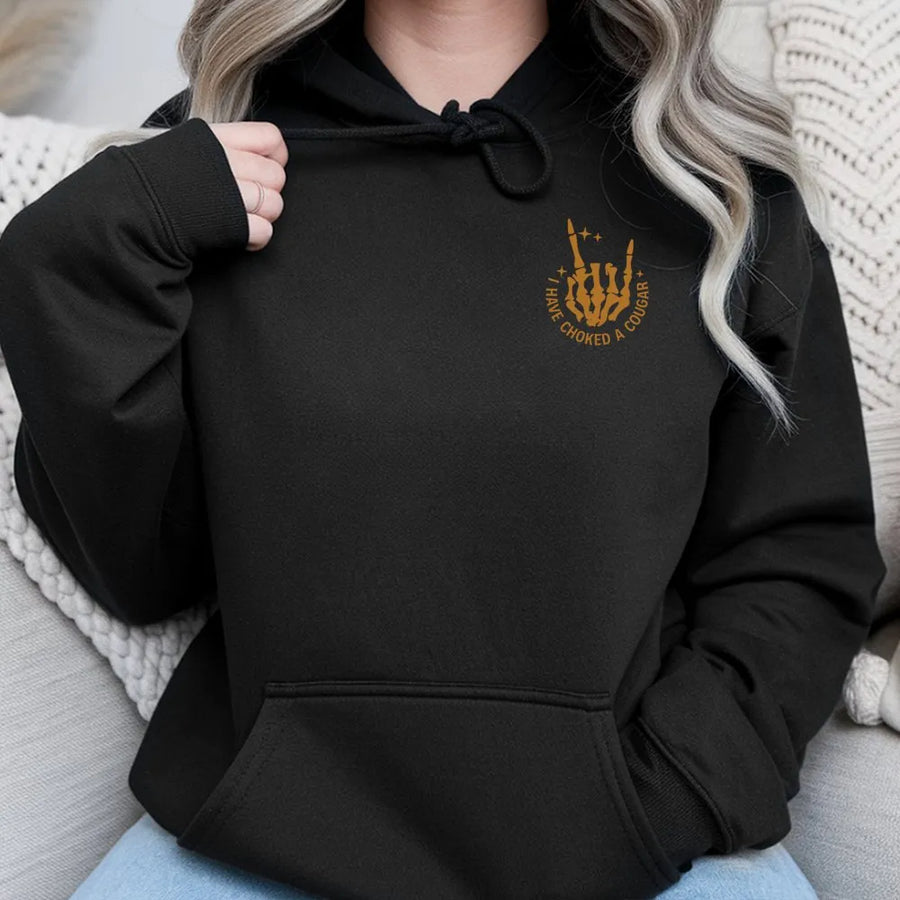 I Have Choked A Cougar Hoodie | Funny Skeleton Hand Graphic | Premium Cotton Blend | Sarcastic Humor Gift for Men and Women