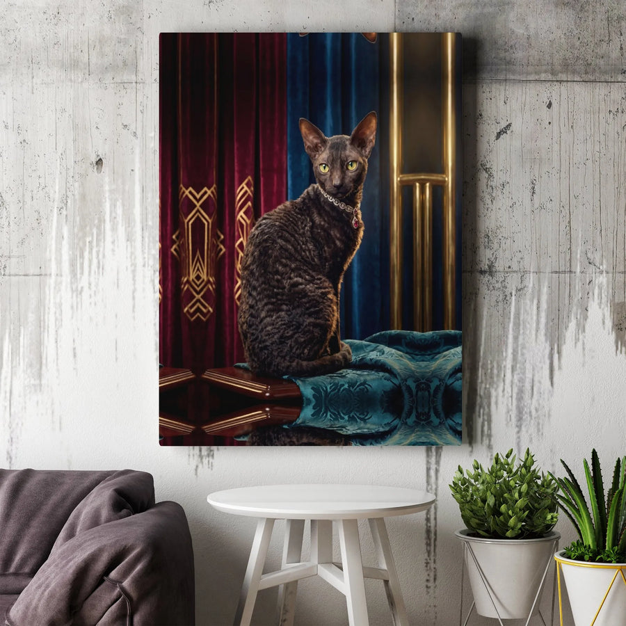 Black Cornish Rex Cat Art Vertical Canvas | Elegant Art Deco Velvet Curtains Portrait | Premium 1.25" Gallery Wrapped Frame | Luxury Wall Decor Gift for Cat Lovers