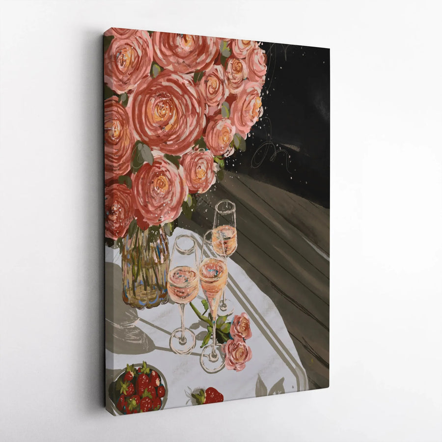 Roses and Champagne Canvas Wall Art | Romantic Floral Still Life Painting | Premium Thick Framed Canvas | Dining Room Decor & Anniversary Gift