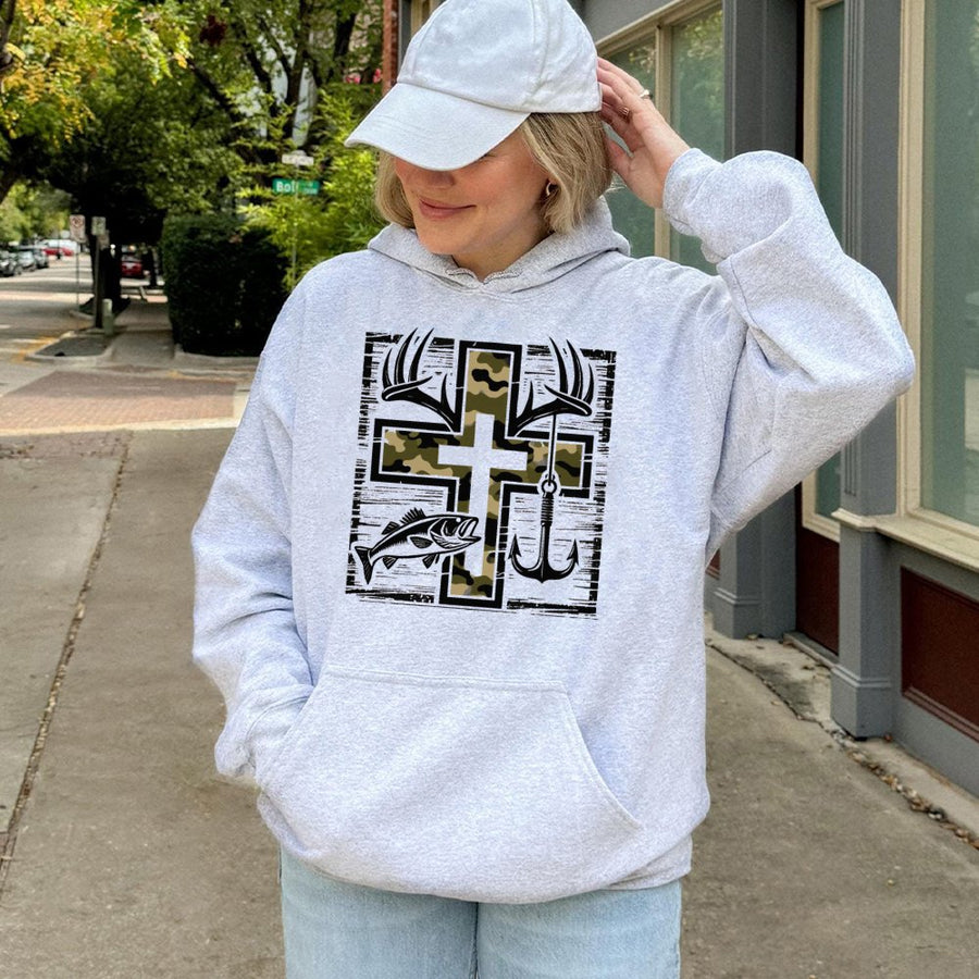 Fishing Hoodie | Camo Cross Deer Antlers And Bass Graphic | Cotton-Blend Premium Quality | Faithful Outdoor Gift For Men And Women