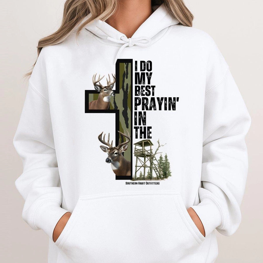 Deer Hunting Hoodie | I Do My Best Prayin In The Deer Stand Cross Design | Premium Cotton Blend Sweatshirt | Christian Hunter Gift For Men