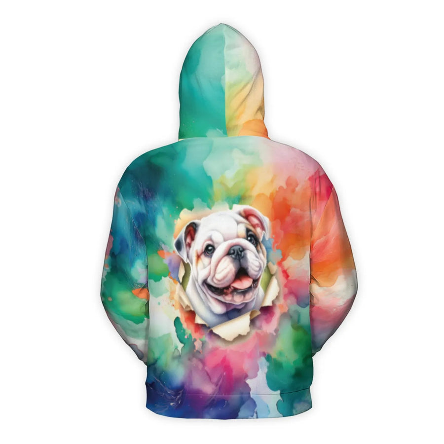 English Bulldog 3D Hoodie | Vibrant Watercolor Splash Art | Premium Brushed Fleece Pullover | Unique Dog Lover Gift for Men and Women