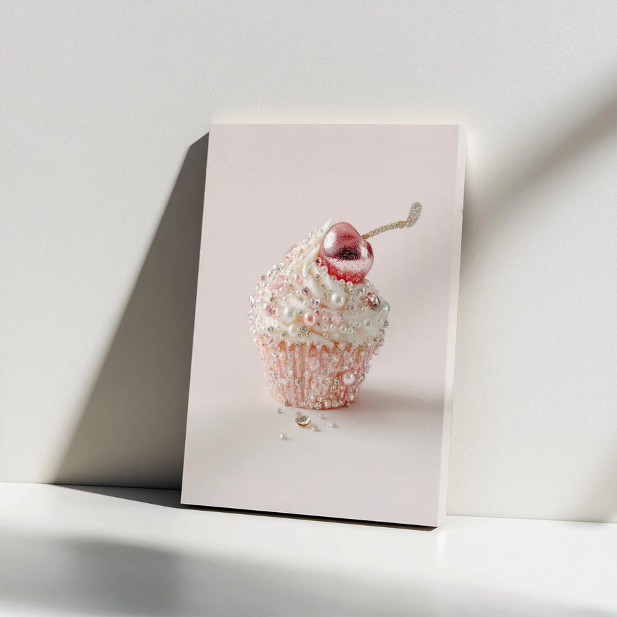 Glam Cupcake Canvas Print | Pink Crystal & Pearl Dessert Art | Premium Gallery Wrapped Canvas | Bakery Decor Gift for Her