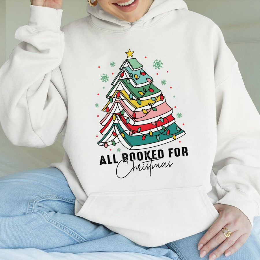 All Booked For Christmas Hoodie | Book Lover Tree Graphic Sweatshirt | Soft Cotton-Polyester Blend | Festive Reading Gift For Bookworms