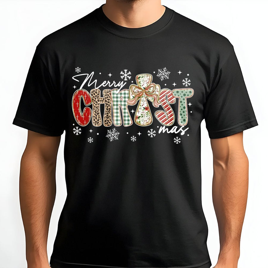 Merry Christmas Cross T-Shirt | Leopard Plaid Holiday Graphic Tee | Premium Cotton Religious Apparel | Faith-Based Festive Gift For Women And Men