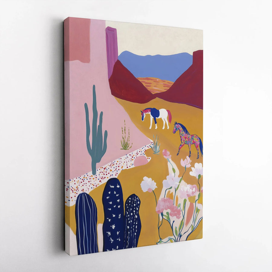 Abstract Desert Horse Wall Art | Colorful Southwestern Cactus Canvas Print | Premium Gallery Wrap Decor | Modern Western Home Office Gift Idea