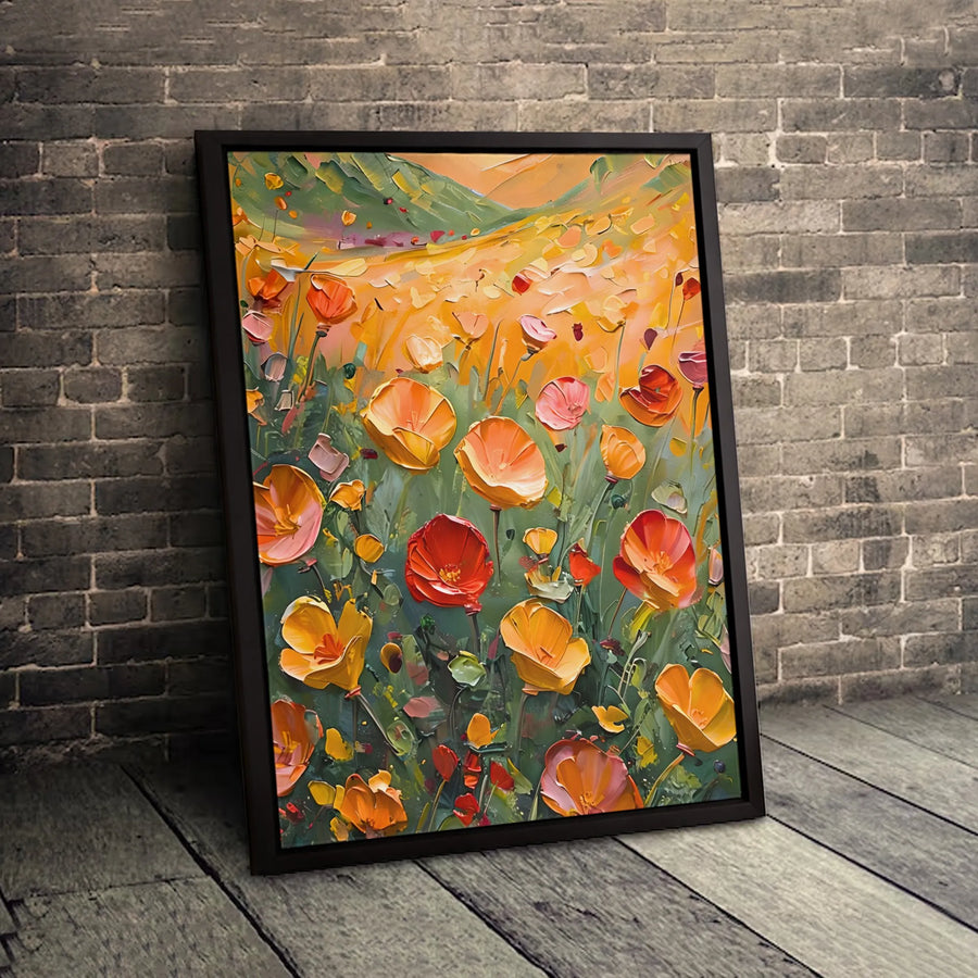Poppy Field Canvas Print | Vibrant Impasto Flower Landscape | 1.25 Inch Gallery Wrap | Modern Botanical Home Decor Wall Art