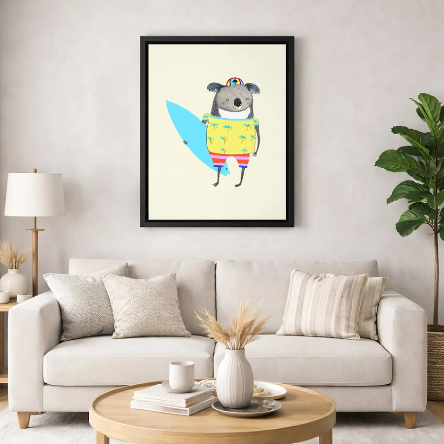 Surfer Koala Wall Art | Whimsical Tropical Palm Tree Design | Premium Fade-Resistant Canvas | Nursery Decor or Beach House Gift