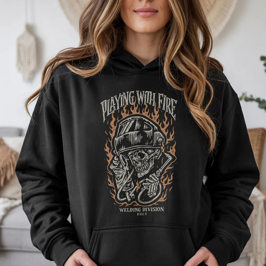 Welder Skull Graphic Hoodie | Playing With Fire Mechanic Design | Premium Cotton-Poly Blend | Gift For Welder And Metalworker